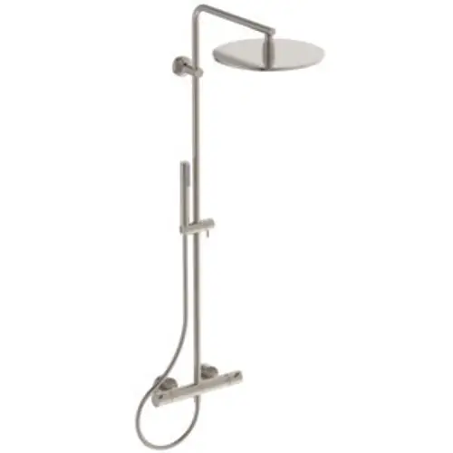 Duschsystem in Silber mit großer, runder Kopfbrause und Thermostat, ideal für eine moderne Badezimmerausstattung von Ideal Standard.